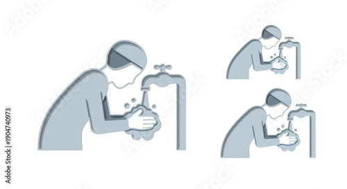 Muslim man performing ablution (wudu) before prayer, washing face and hands at a tap, Islamic ritual cleansing