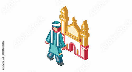 Muslim man in traditional attire walking towards a golden mosque, representing Islamic culture and religious devotion in a modern isometric style.