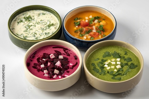 A four distinct ceramic bowls arranged on a pure white background