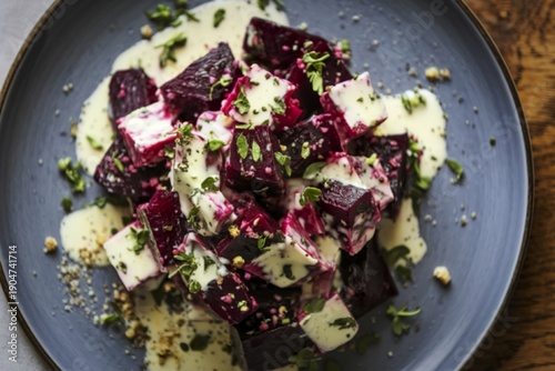white plate with a chopped beetroot and diced cheese salad