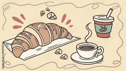 A large croissant on a paper wrapper sits beside a steaming cup of coffee and a takeaway coffee cup on a solid cream background.