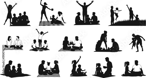 Family silhouette icon set, parents children, outdoor leisure, bonding activity, blanket picnic, playtime joy, social connection, love, vector illustration, black pictogram, togetherness