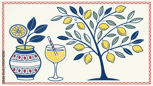 Stylized illustration of a lemon tree, a glass of lemonade, and a decorative vase with a flower