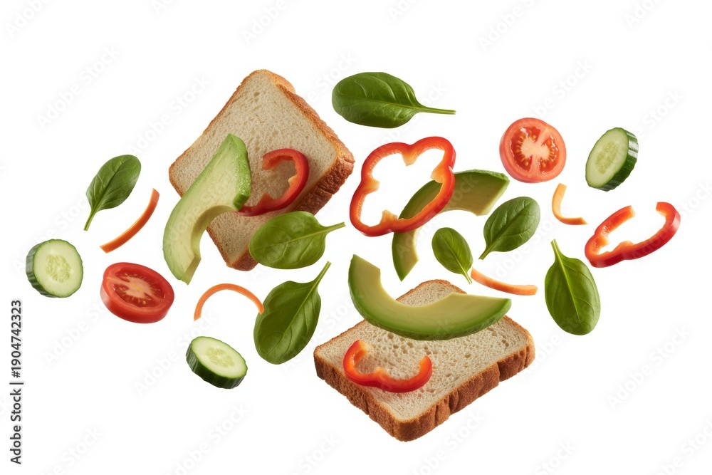 Naklejka premium Fresh sandwich ingredients flying on white background