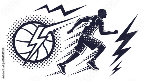 A black and white vector silhouette showing a basketball player running next to a basketball featuring a lightning bolt symbol with halftone speed effects.