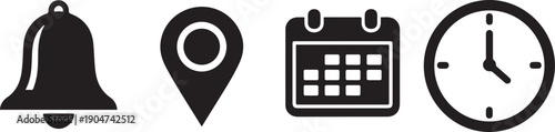 Black of bell location pin calendar and clock on white background bell location pin calendar clock notification