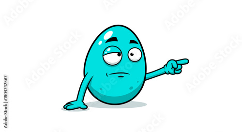 Illustration of a cartoon blue egg character with arms and legs pointing to the right with a suspicious or questioning expression