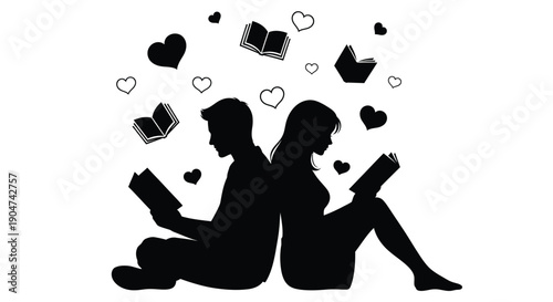 Couple reading books together surrounded by hearts and books silhouette