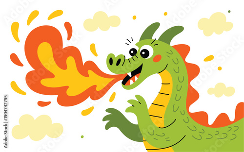 A cartoon green dragon breathing fire with a happy expression