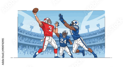 Illustration of American football players in action, catching and defending a ball during a Super Bowl match in a crowded stadium with a blue and white color scheme.
