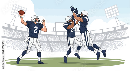 Illustration of American football players in action on a field with stadium background, conveying a sporty mood with a mix of blue, white, and green colors.