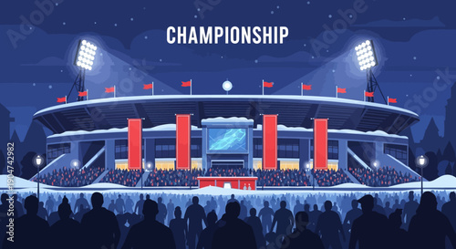 Illustration of a nighttime stadium with a large screen and red pillars, filled with spectators, under a dark blue sky with spotlights, representing a Super Bowl event in America.