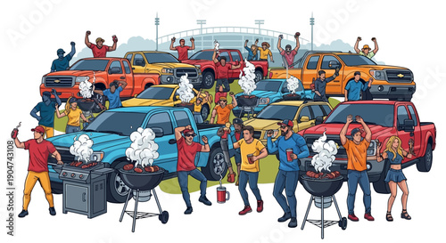 Illustration of people celebrating with barbecues and cars in a parking lot with a lively and festive mood.