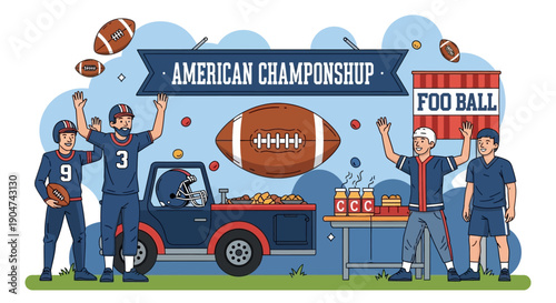 Illustration of American football players and fans enjoying a barbecue near a car with a banner reading 'American Championship' and a football hovering above, conveying a joyful and
