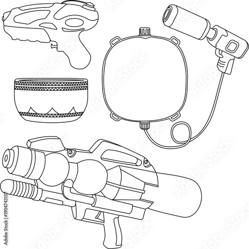Water gun vector illustration for Songkran festival, black and white water blaster icon, Thai New Year celebration element