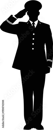 Black silhouette of a male officer in dress uniform saluting, military service professional honor and respect concept on white background