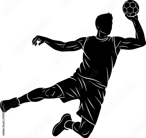 Black silhouette of a male handball player jumping to throw the ball, athletic sports competition and team activity concept