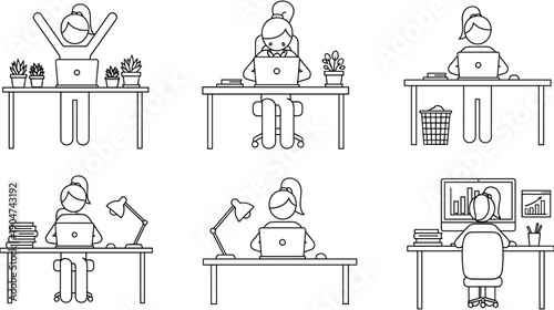Set of minimalist stick figure icons of woman working at desk on laptop and computer for office productivity and remote work