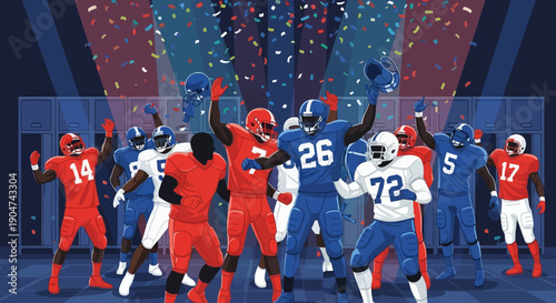 Illustration of American football players in action on a field with confetti, celebrating a match with a mix of red, white, and blue uniforms.