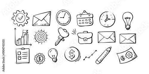 Assorted icons representing various office and productivity tasks and tools Vector