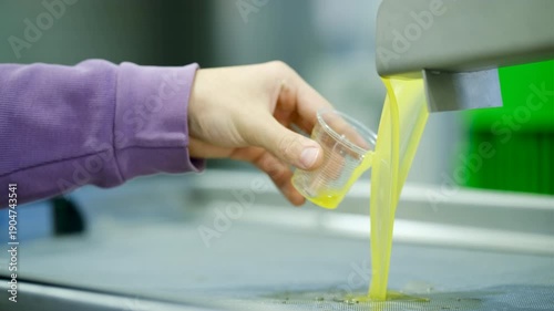 Industrial olive oil extraction process with fresh liquid flowing from stainless steel machine spout