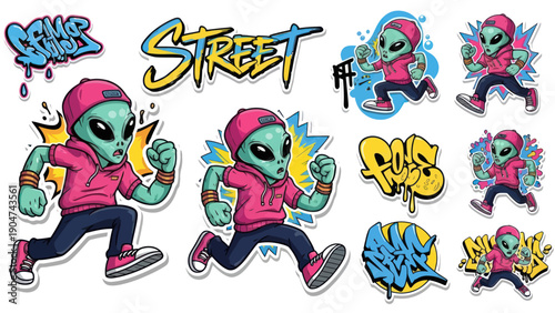 Cartoon alien character running with graffiti style elements set