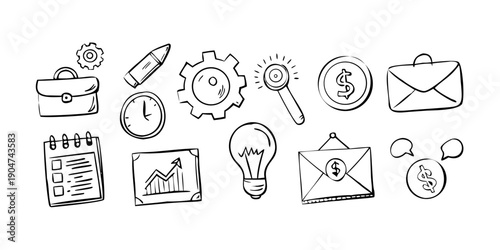 A collection of icons representing various tools and concepts for productivity and organization. Vector