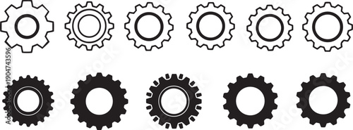 Ten black and white gear in two rows cogwheel mechanical industry