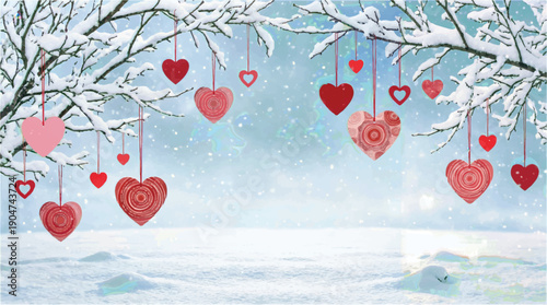snowy landscape with heart shaped ornaments hanging from tree branches on valentines day
