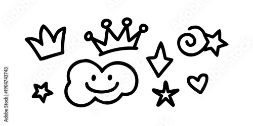Cuadro en lienzo A whimsical drawing of a smiling cloud surrounded by crowns, stars, and a heart