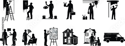 Painting silhouette icon set, home improvement, artistic creation, wall painting, ceiling painting, toolbox equipment, renovation work, professional service, vector illustration, black pictogram