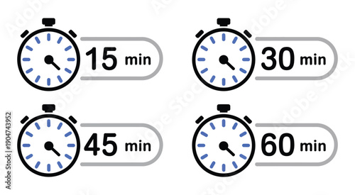 Stopwatch symbols representing 15 to 60 minute intervals with partial fill for fitness tracking, countdowns, and timer interfaces