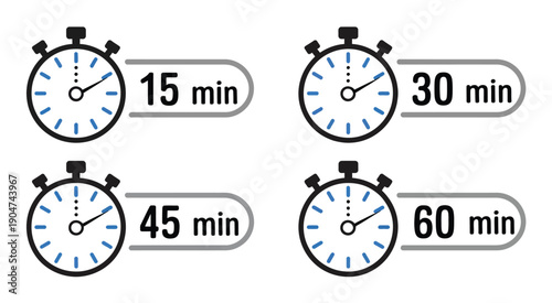Stopwatch icons showing time intervals from 15 to 60 minutes with partial fill for timers, fitness apps, and countdown design
