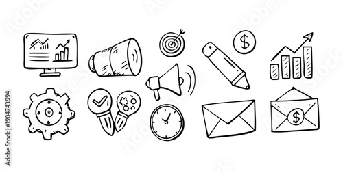 Collection of icons representing various communication and marketing tools Vector