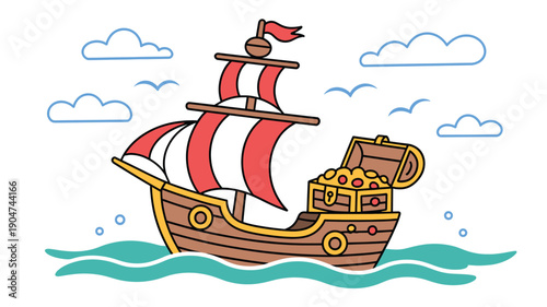 A colorful cartoon illustration of a pirate ship sailing on the ocean with a treasure chest full of gold coins.