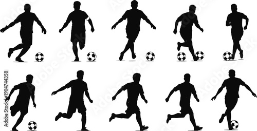 Soccer player silhouette icon set, running, kicking, dribbling, striking, ball control, team sport, competition, athletic movement, training, vector illustration, black pictogram, game action
