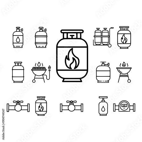 Gas Stove and LPG Cylinder Silhouette - Kitchen Cooking and Gas Pipeline