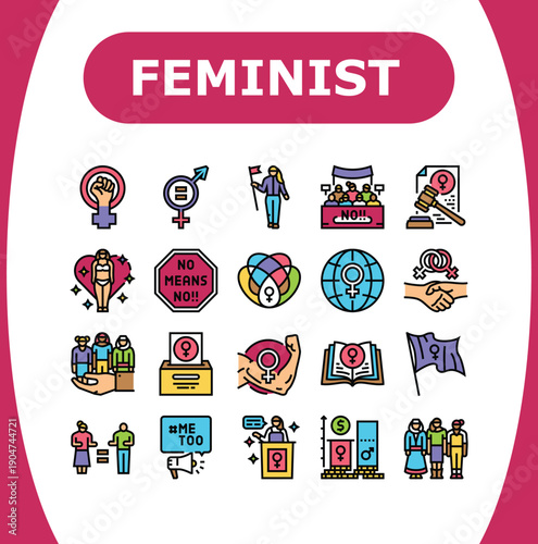 Professional Flat Color Feminist Advocacy Icon Set – Vibrant Women's Rights and Gender Equality Vector Symbols