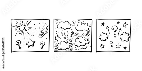 A sequence of three panels depicting a bird, a thought bubble, and a storm. Vector