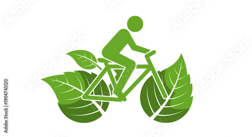 Green cyclist riding bicycle surrounded by large leaves isolated on transparent background