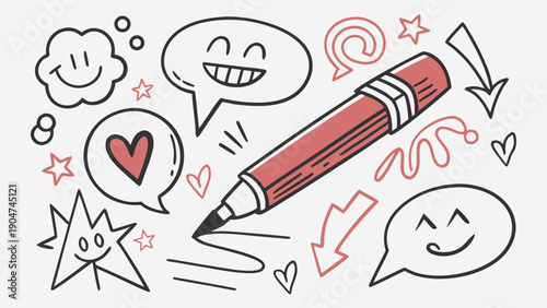 Red and black hand drawn doodles with a pencil and happy face clouds.