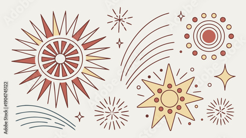 Boho celestial hand drawn set of sun stars and comets in terracotta and mustard tones