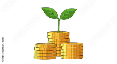 Vector illustration of a green plant sprouting from stacked gold coins isolated on transparent background