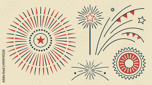 Vintage hand-drawn fireworks set with stars, bunting, and sparklers in red and blue.