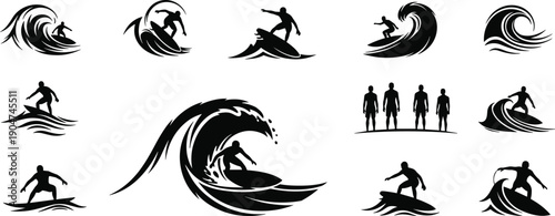 Surfing silhouette icon set, wave riding, ocean sport, beach lifestyle, surfboard action, water movement, coastal adventure, competition, training, vector illustration, black pictogram