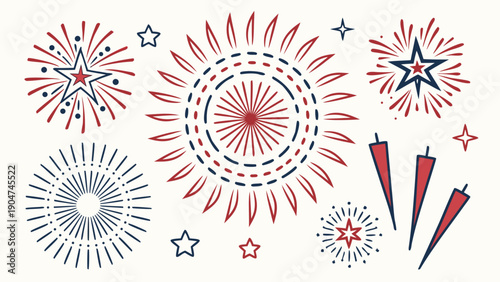 Hand drawn patriotic fireworks and star elements in red and blue for fourth of july designs