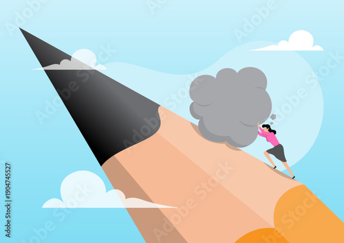 Woman Pushing Large Thought Bubble Uphill Editorial Illustration of Mental Burden and Effort