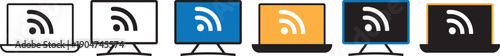 RSS feed icon on computer screen and laptop screen. screen wifi. News update, blog subscription symbol. Internet computer icon on transparent background
