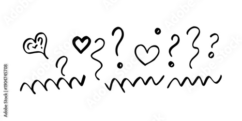 A whimsical doodle of hearts and question marks with a wavy line Vector