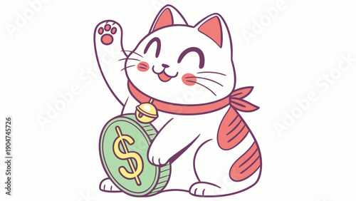Adorable lucky cat illustration holding a dollar coin with a raised paw for good fortune.